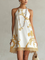 Chryssa™ White Gold Lace-Trim Mini Dress