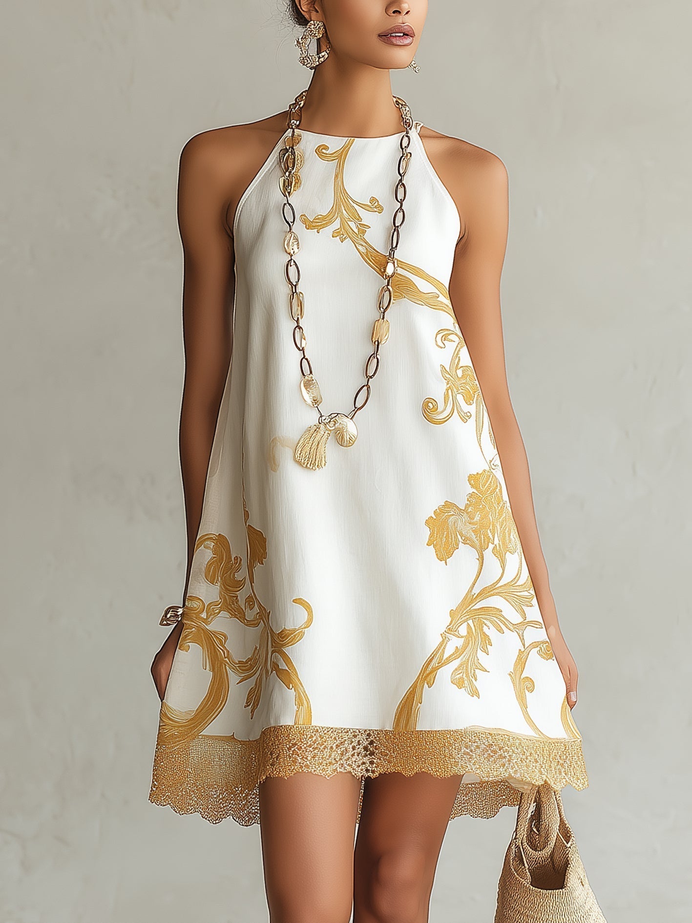Chryssa™ White Gold Lace-Trim Mini Dress