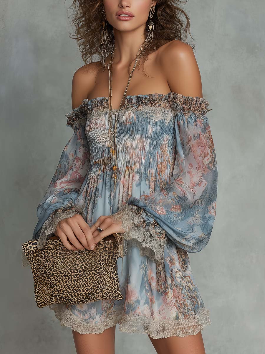 Aphrodite™ Blue Romantic Floral Off-Shoulder Mini Dress