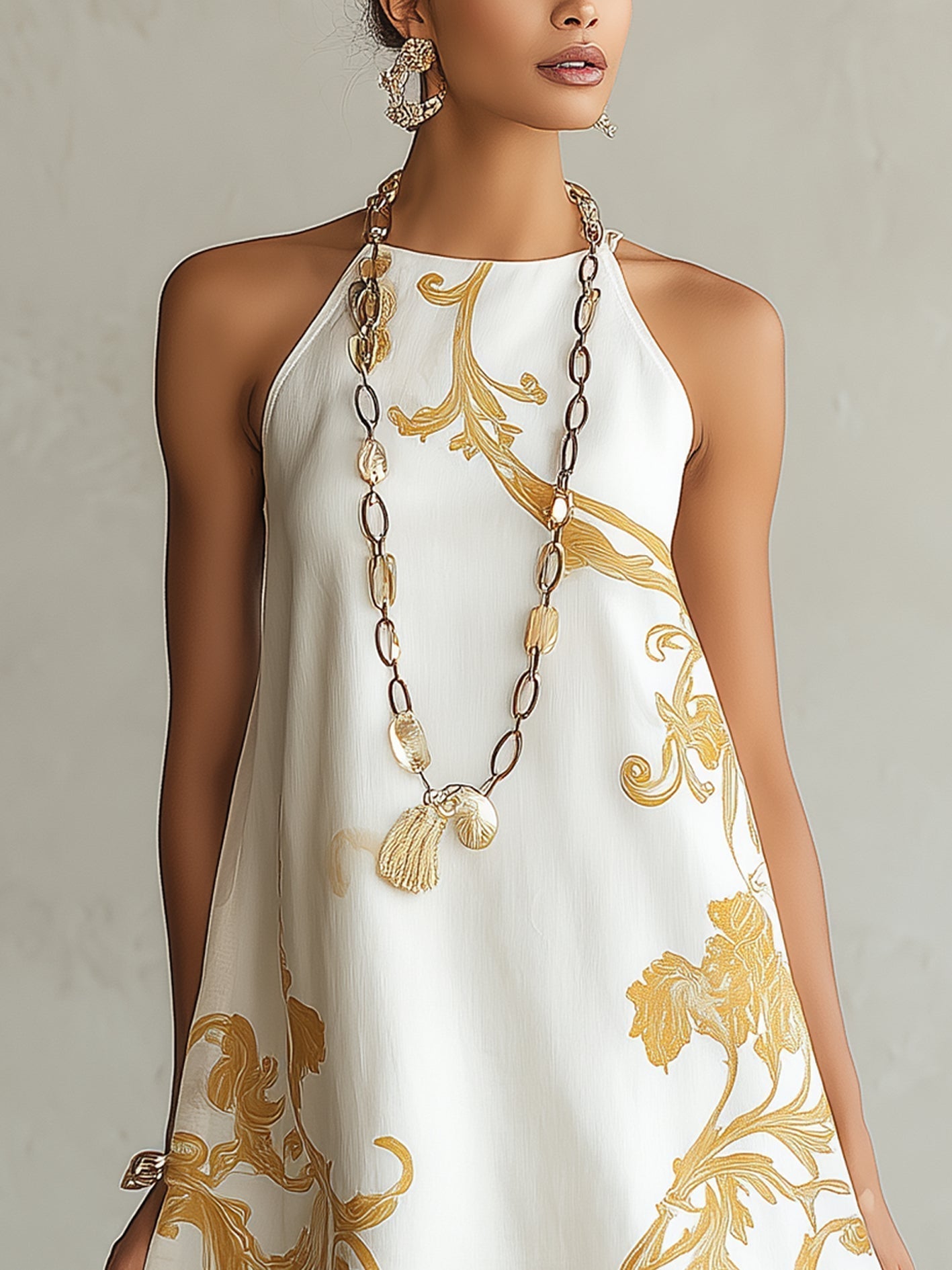 Chryssa™ White Gold Lace-Trim Mini Dress