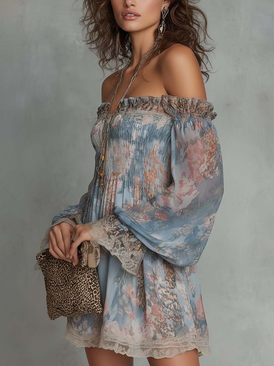Aphrodite™ Blue Romantic Floral Off-Shoulder Mini Dress