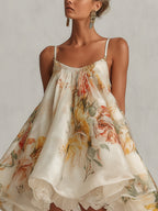 Beatrice™ Beige Floral Organza A-Line Mini Dress