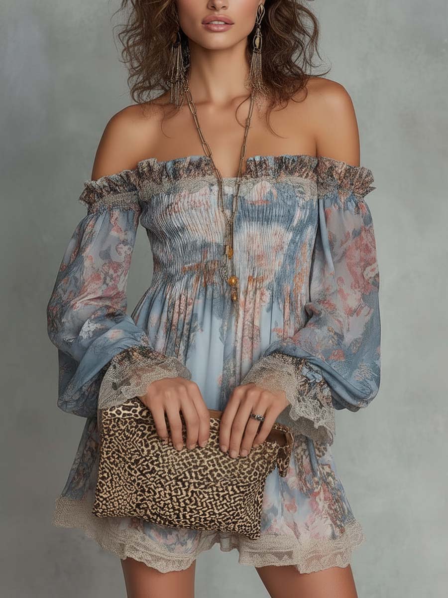 Aphrodite™ Blue Romantic Floral Off-Shoulder Mini Dress
