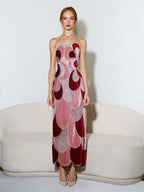 Dresses For Woman Cocktail Dress Pink Burgundy Strapless Abstract Floral Beaded Velvet Midi Gown  Vestidos De Fiesta Elegantes