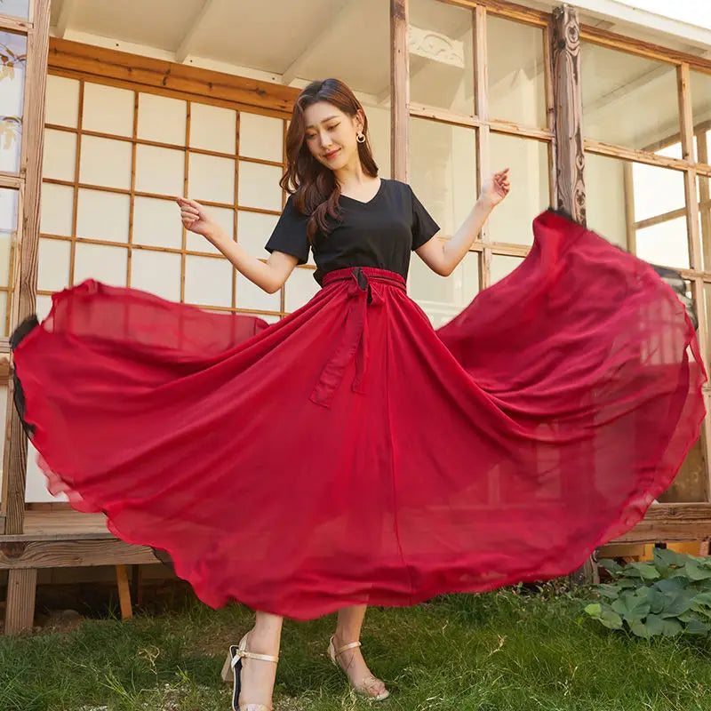 Fashion Chiffon Skirts Womens Elegant Casual High Waist Boho Long Dance Skirt Female Party Beach Maxi A-Line pleated Skirt