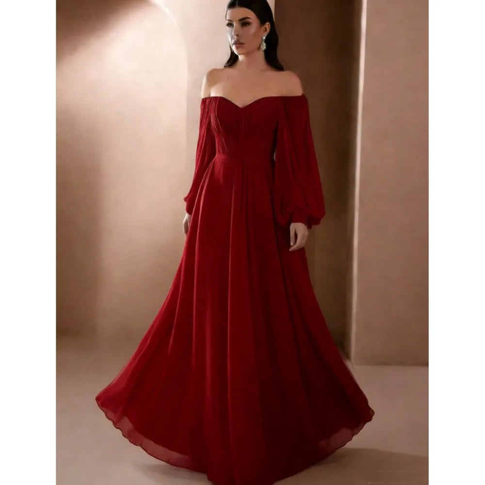Dresses For Woman Elegant vestidos Solid Color Slim Robe Evening Dress Sexy One Line Neck Simple Style Long Sleeves Simple Style