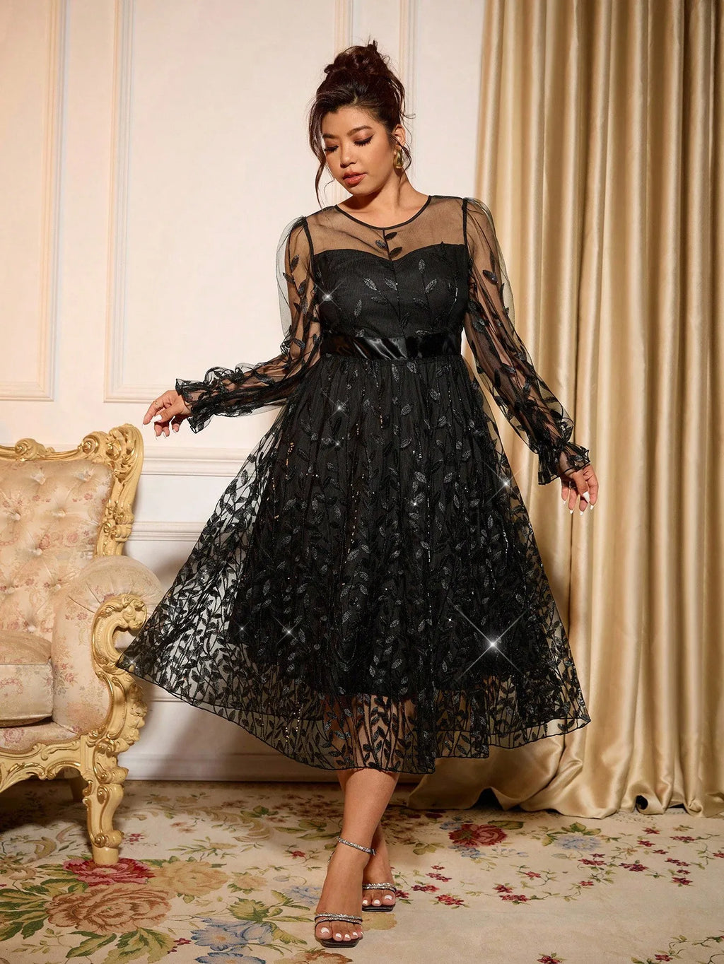 Sophisticated Dinner Dress with Sheer Sleeves and Sparkling Details for Galas