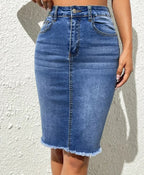 Skirts Women Denim Skirt Mid Length Slim Fit Solid High Waist Casual Regular Elegant Splice Hip Wrap Button Pocket Summer