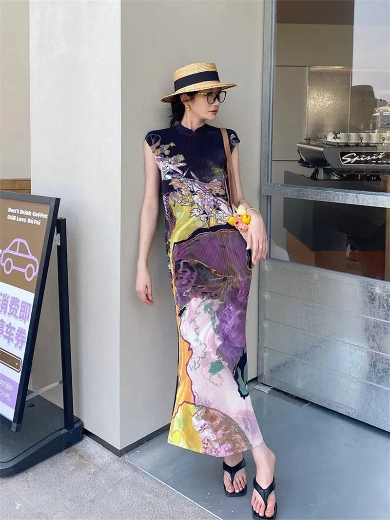 Womens Dresses Woman Clothes  Miyake High-grade Pleated Print Dress Chinese National Style Cheongsam Skirt Fishtail Skirt Summer