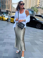 HH Skirts For Women 2024 Summer Solid Satin Sheath Long Skirt Female Show Curve Beach Outfits For Woman Mermaid Skirts