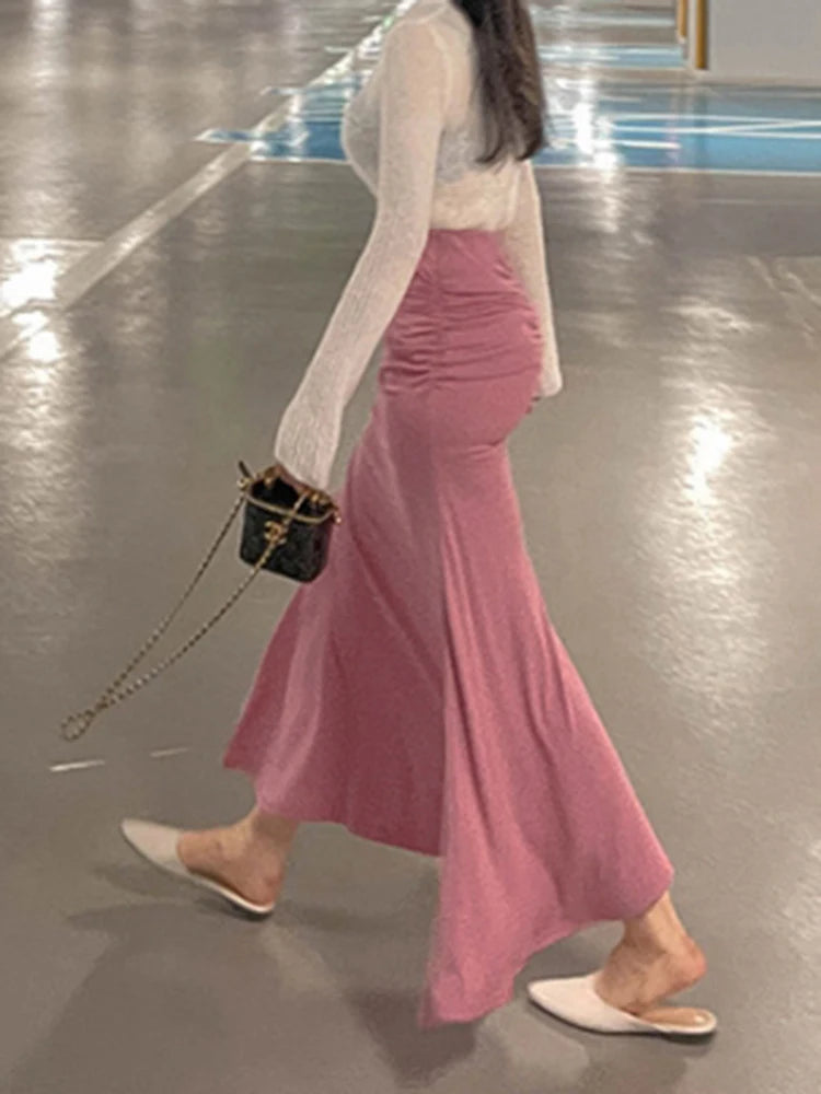 Shirring Satin Skirts for Women High Waisted Skirt 2026 Women A-Line Elegant Skirts Summer Pink Midi Skirt New Korean Style