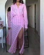 Women's Skirt 2026 New Spring Summer Pink Striped Linen Midi Skirt for Women Casual Chic Personality Female Skirt