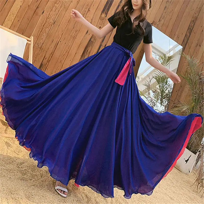Fashion Chiffon Skirts Womens Elegant Casual High Waist Boho Long Dance Skirt Female Party Beach Maxi A-Line pleated Skirt