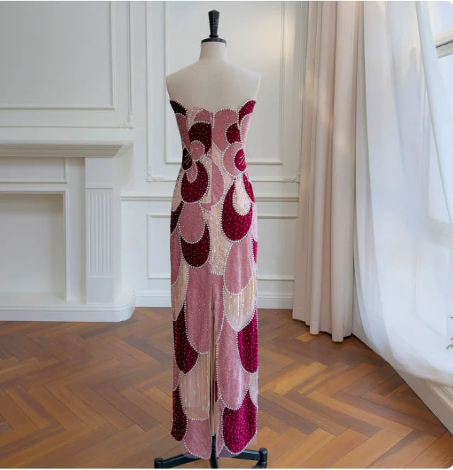 Dresses For Woman Cocktail Dress Pink Burgundy Strapless Abstract Floral Beaded Velvet Midi Gown  Vestidos De Fiesta Elegantes