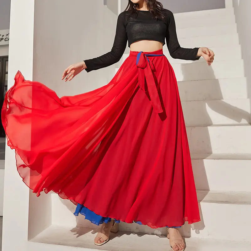 Fashion Chiffon Skirts Womens Elegant Casual High Waist Boho Long Dance Skirt Female Party Beach Maxi A-Line pleated Skirt