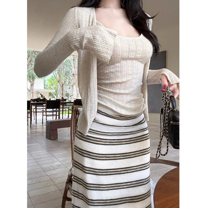 Striped Knitted Skirt Women's Summer 2026 New Skirt, Thin Straight Skirt Design Sense