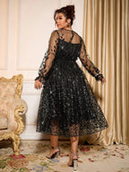 Sophisticated Dinner Dress with Sheer Sleeves and Sparkling Details for Galas