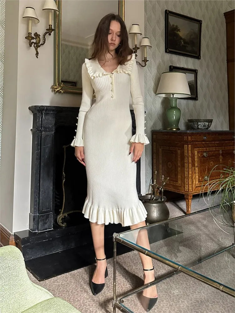 Dresses 2025 Woman Ruffled Dress Knitted Bodycon simple Style Solid Color Temperament Elegant Commuting All-match Casual Trendy
