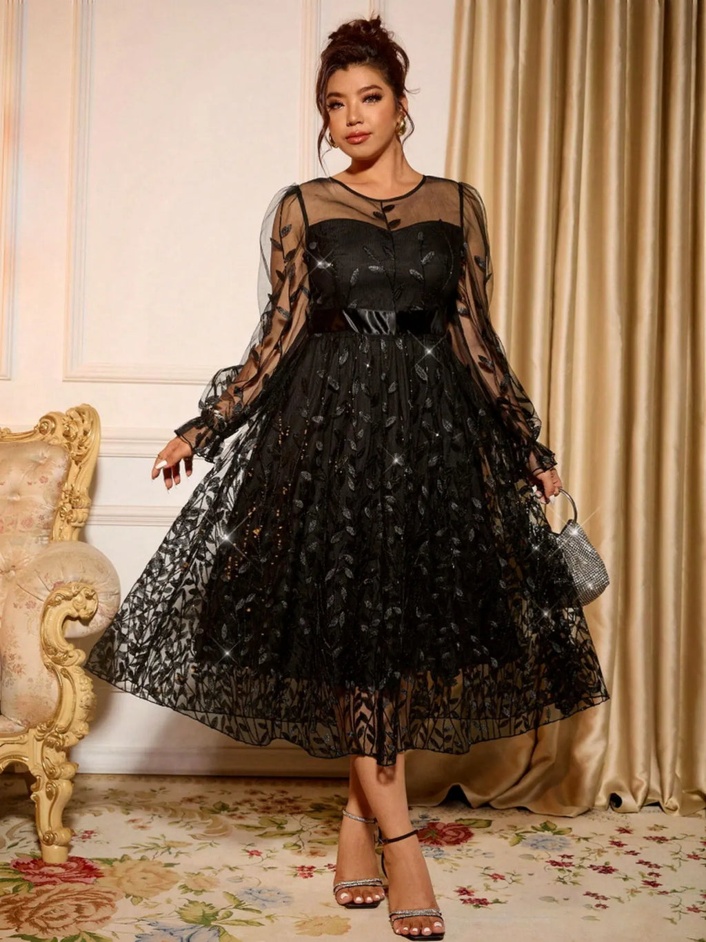 Sophisticated Dinner Dress with Sheer Sleeves and Sparkling Details for Galas