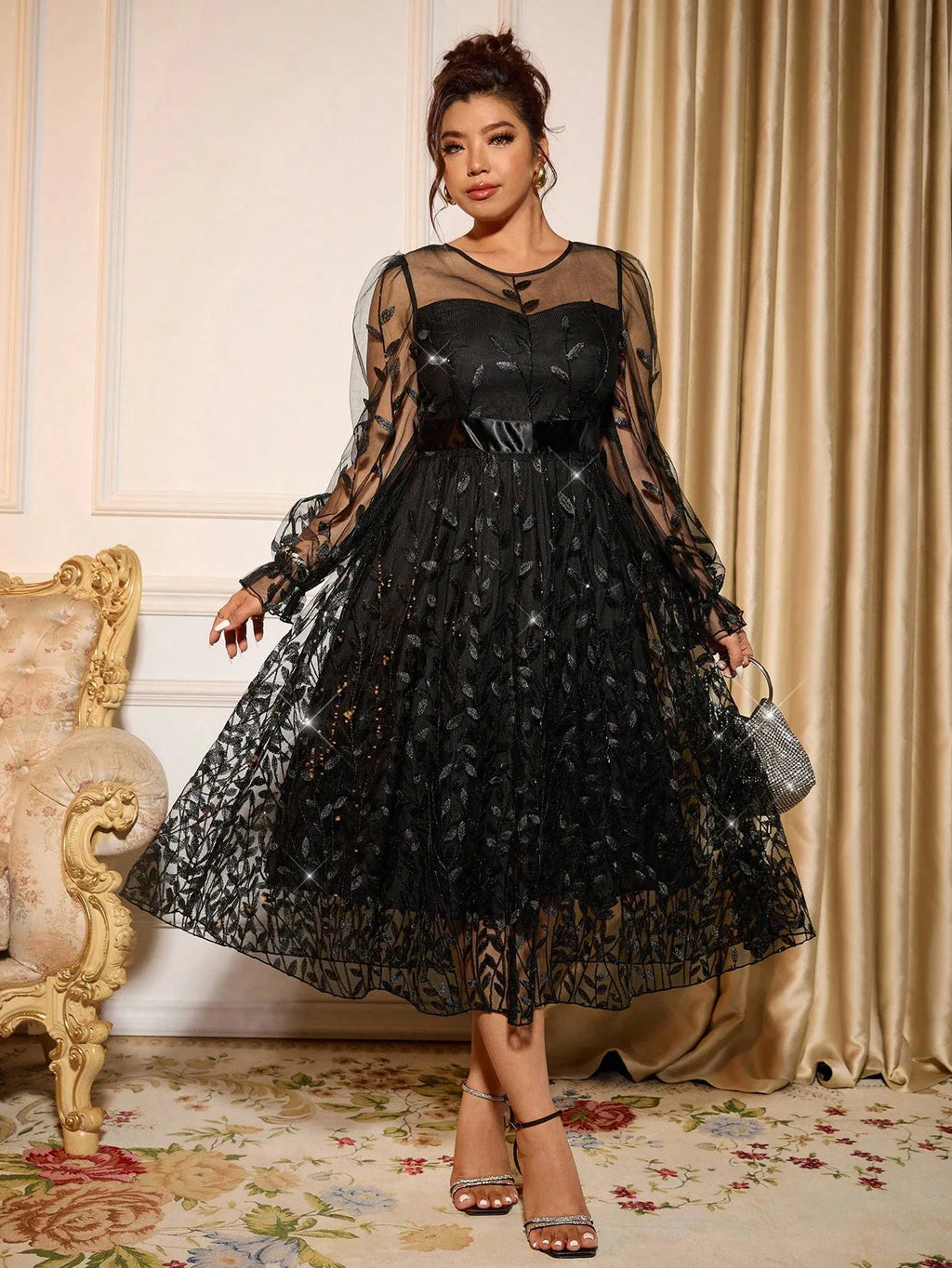 Sophisticated Dinner Dress with Sheer Sleeves and Sparkling Details for Galas