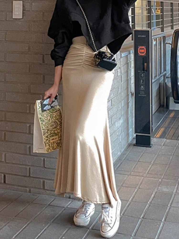 Shirring Satin Skirts for Women High Waisted Skirt 2026 Women A-Line Elegant Skirts Summer Pink Midi Skirt New Korean Style