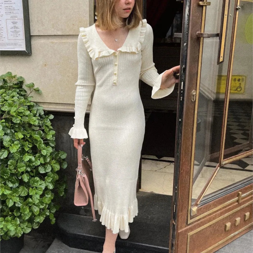 Dresses 2025 Woman Ruffled Dress Knitted Bodycon simple Style Solid Color Temperament Elegant Commuting All-match Casual Trendy