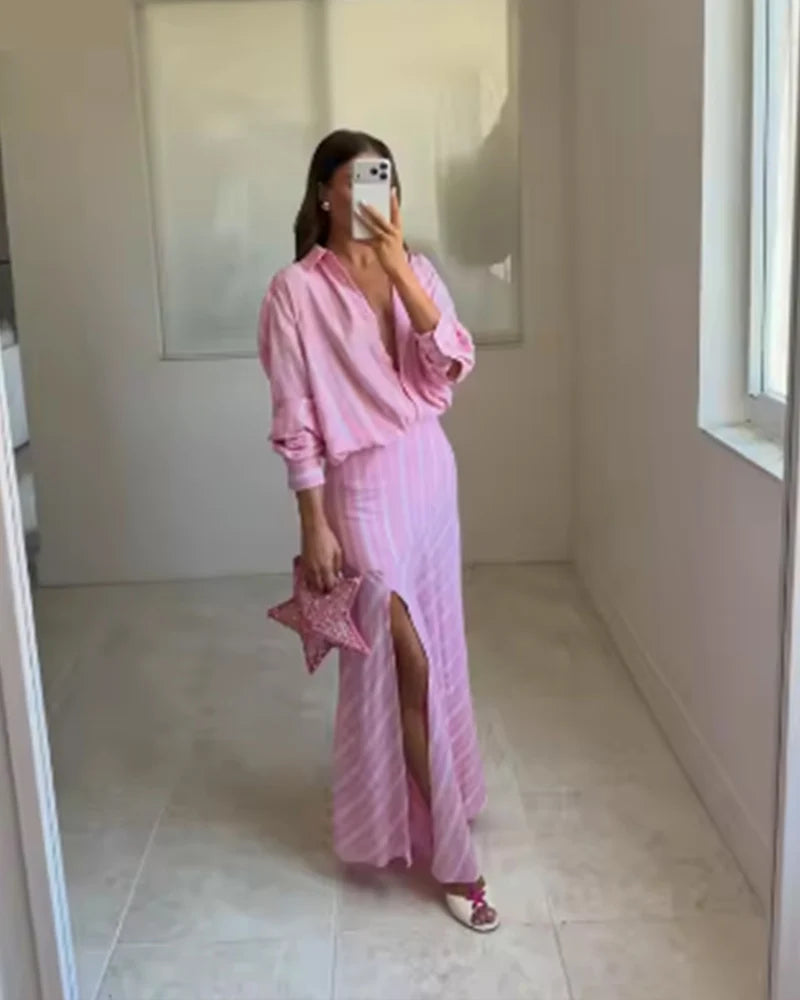 Women's Skirt 2026 New Spring Summer Pink Striped Linen Midi Skirt for Women Casual Chic Personality Female Skirt