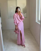 Women's Skirt 2026 New Spring Summer Pink Striped Linen Midi Skirt for Women Casual Chic Personality Female Skirt