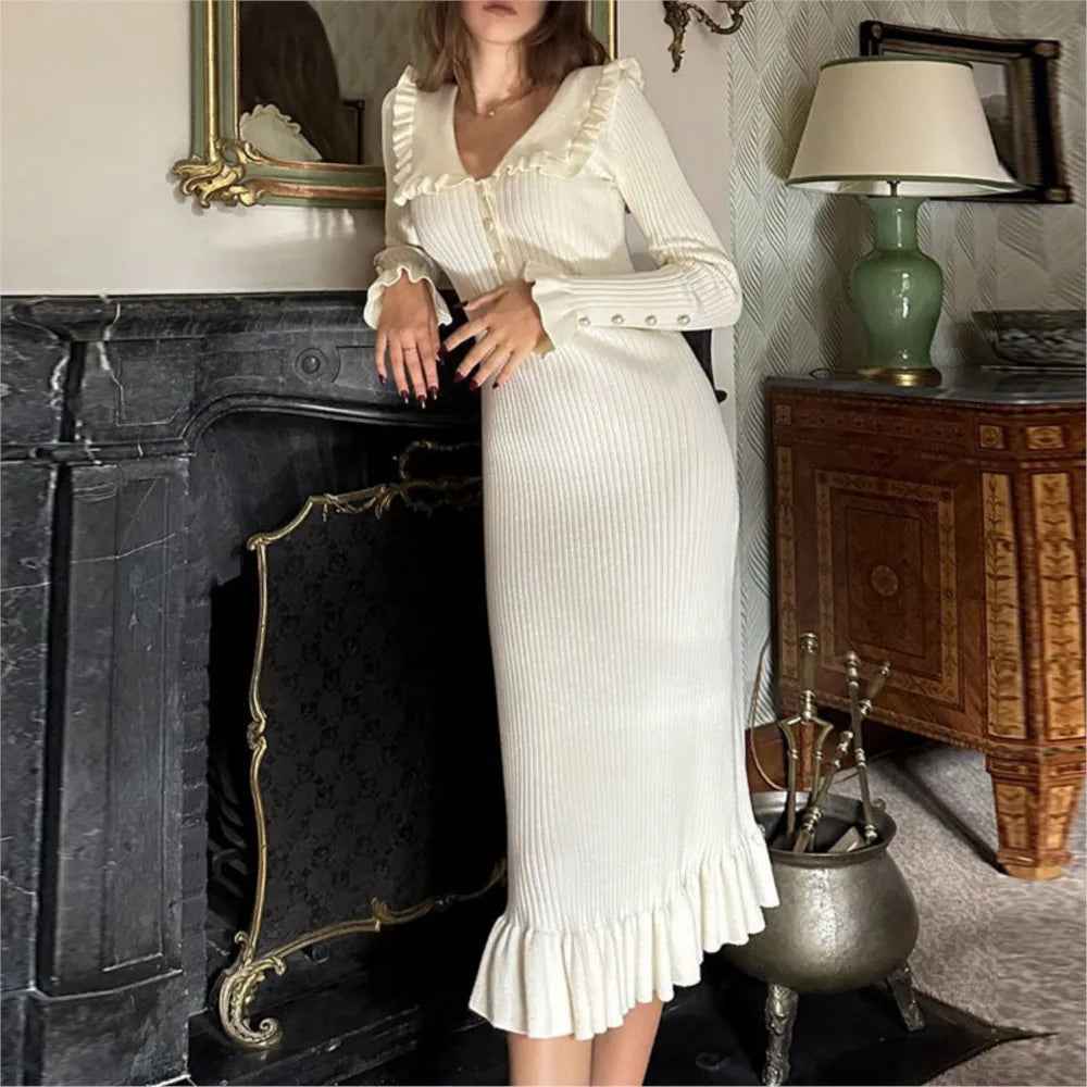 Dresses 2025 Woman Ruffled Dress Knitted Bodycon simple Style Solid Color Temperament Elegant Commuting All-match Casual Trendy