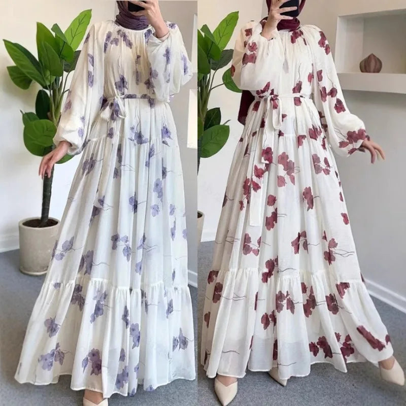 Muslim Women's Dress Casual Fashion Middle Eastern Chiffon Round Neck Tie-Dye with Belt Long Temperament Elegant Arab Dress