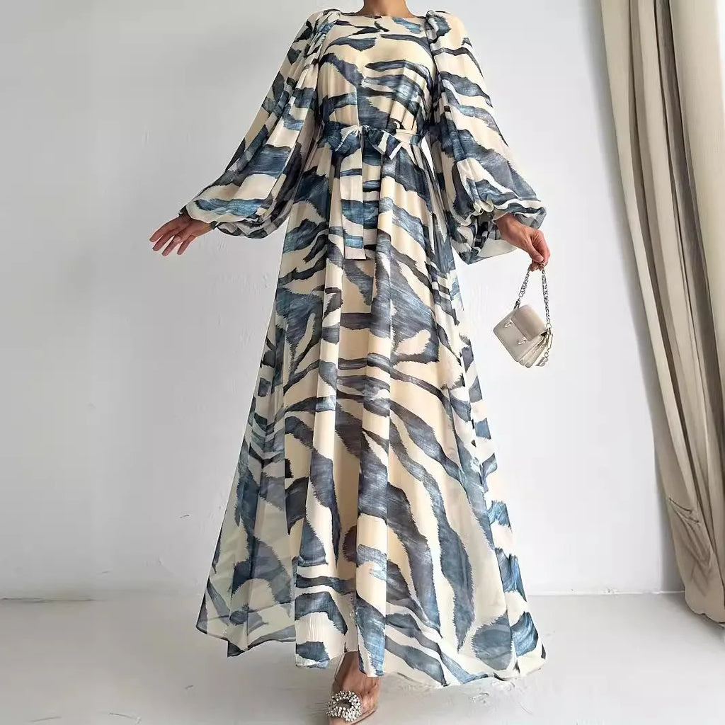 Muslim Women's Dress Casual Fashion Middle Eastern Chiffon Round Neck Tie-Dye with Belt Long Temperament Elegant Arab Dress