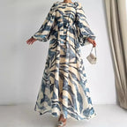 Muslim Women's Dress Casual Fashion Middle Eastern Chiffon Round Neck Tie-Dye with Belt Long Temperament Elegant Arab Dress