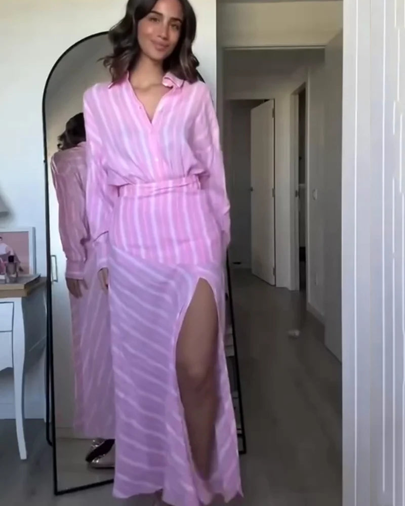 Women's Skirt 2026 New Spring Summer Pink Striped Linen Midi Skirt for Women Casual Chic Personality Female Skirt