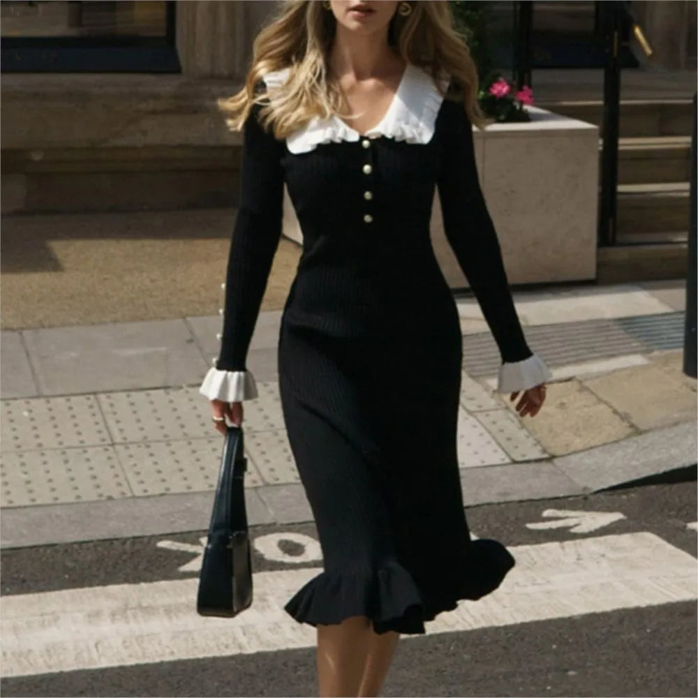 Dresses 2025 Woman Ruffled Dress Knitted Bodycon simple Style Solid Color Temperament Elegant Commuting All-match Casual Trendy