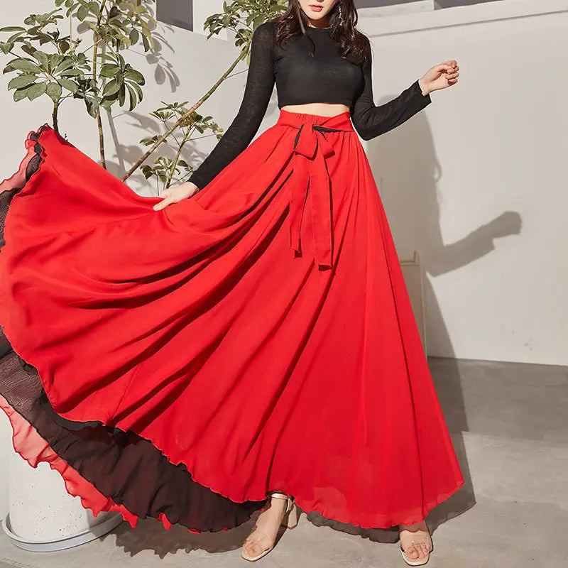 Fashion Chiffon Skirts Womens Elegant Casual High Waist Boho Long Dance Skirt Female Party Beach Maxi A-Line pleated Skirt