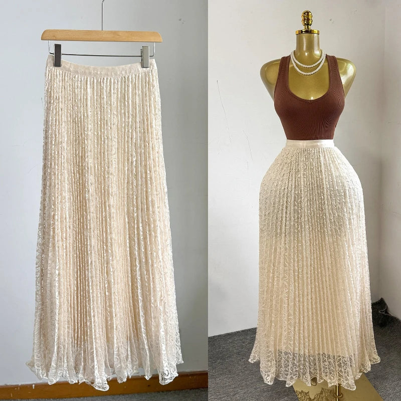 Skirts Women Mid Length Skirt A Line High Waist Slim Fit Elegant Splice Y2k Streetwear Work Lace Casual Pleated Summer 2026