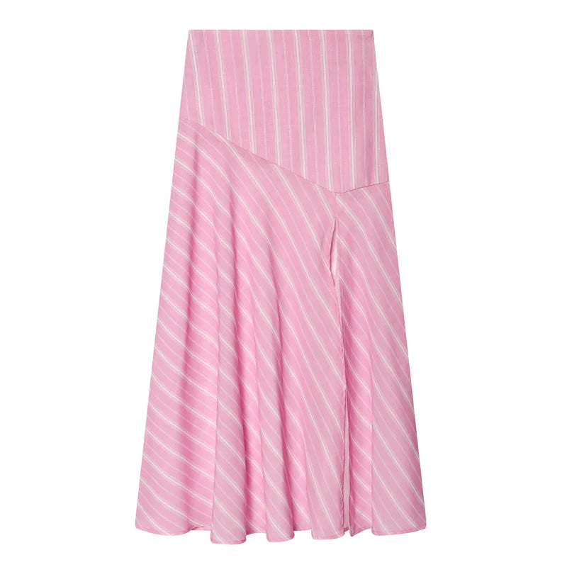 Women's Skirt 2026 New Spring Summer Pink Striped Linen Midi Skirt for Women Casual Chic Personality Female Skirt