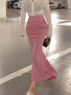 Shirring Satin Skirts for Women High Waisted Skirt 2026 Women A-Line Elegant Skirts Summer Pink Midi Skirt New Korean Style