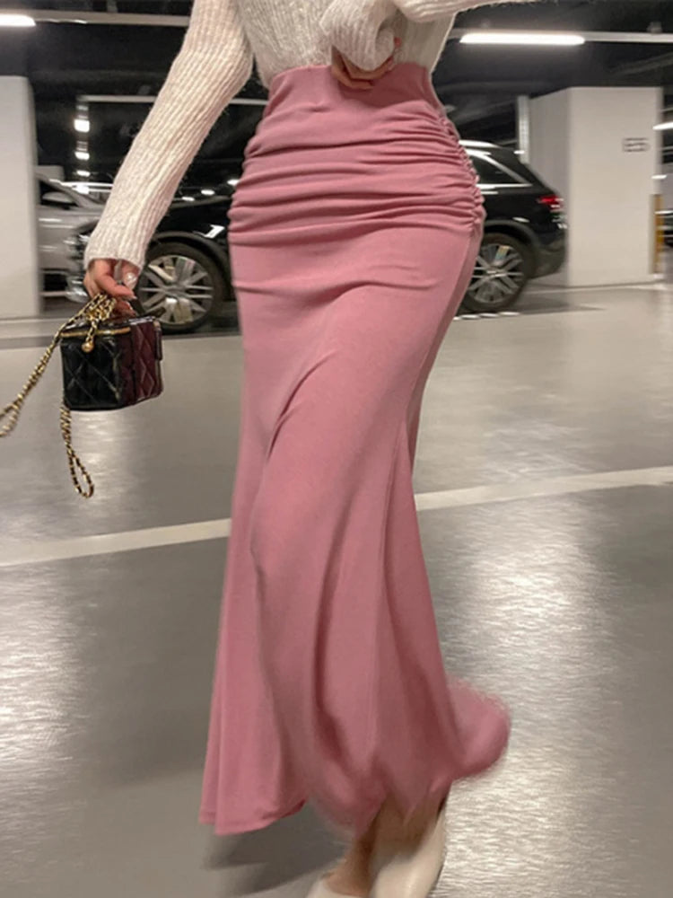 Shirring Satin Skirts for Women High Waisted Skirt 2026 Women A-Line Elegant Skirts Summer Pink Midi Skirt New Korean Style