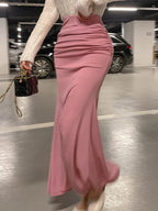 Shirring Satin Skirts for Women High Waisted Skirt 2026 Women A-Line Elegant Skirts Summer Pink Midi Skirt New Korean Style