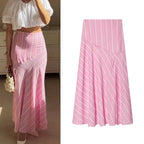 Women's Skirt 2026 New Spring Summer Pink Striped Linen Midi Skirt for Women Casual Chic Personality Female Skirt