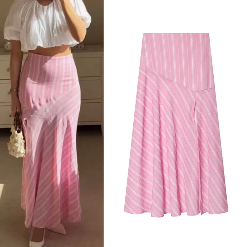 Women's Skirt 2026 New Spring Summer Pink Striped Linen Midi Skirt for Women Casual Chic Personality Female Skirt