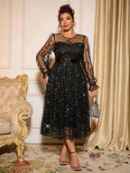Sophisticated Dinner Dress with Sheer Sleeves and Sparkling Details for Galas