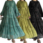 Muslim Women's Dress Casual Fashion Middle Eastern Chiffon Round Neck Tie-Dye with Belt Long Temperament Elegant Arab Dress