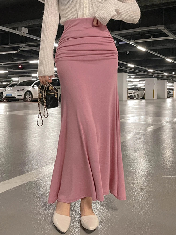 Shirring Satin Skirts for Women High Waisted Skirt 2026 Women A-Line Elegant Skirts Summer Pink Midi Skirt New Korean Style