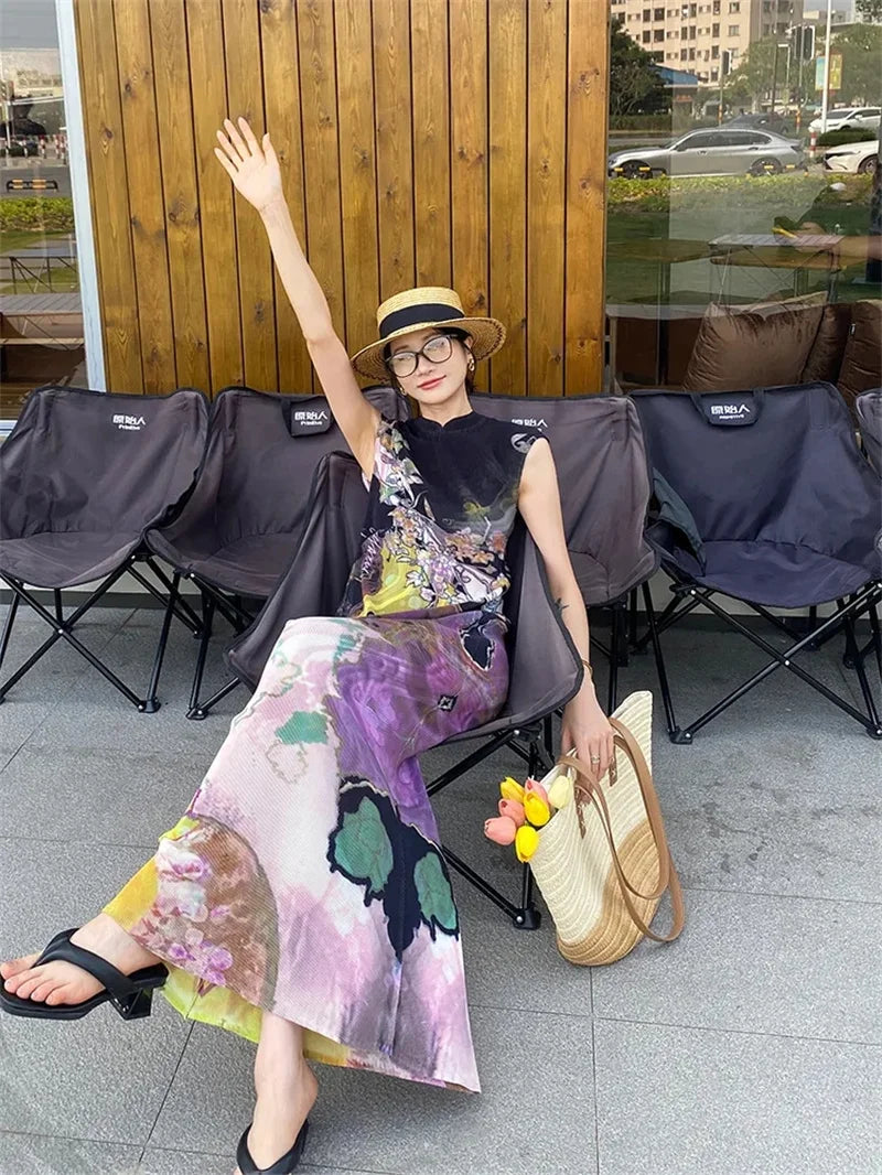 Womens Dresses Woman Clothes  Miyake High-grade Pleated Print Dress Chinese National Style Cheongsam Skirt Fishtail Skirt Summer