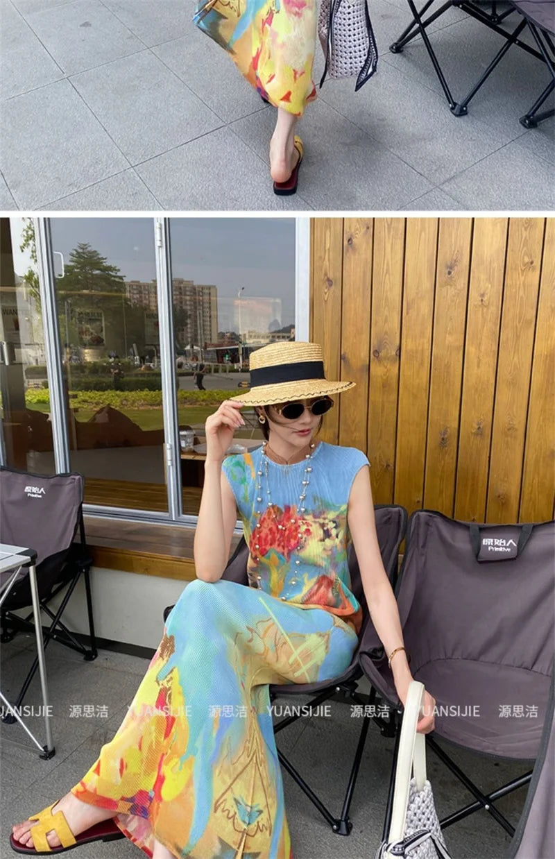 Womens Dresses Woman Clothes  Miyake High-grade Pleated Print Dress Chinese National Style Cheongsam Skirt Fishtail Skirt Summer