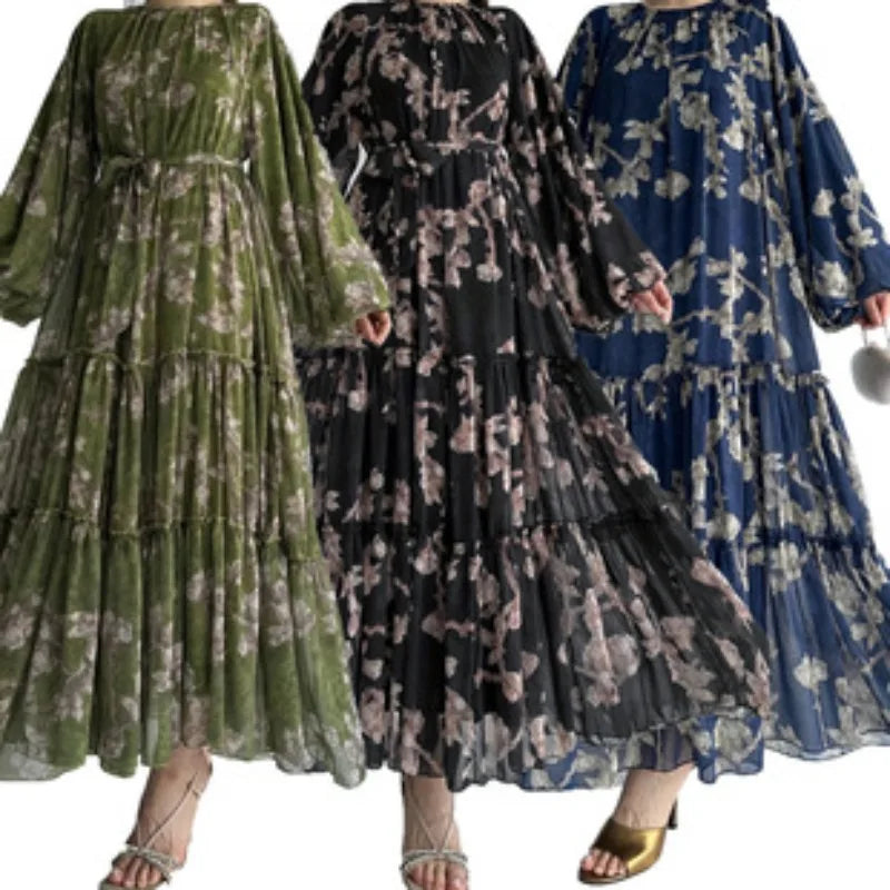 Muslim Women's Dress Casual Fashion Middle Eastern Chiffon Round Neck Tie-Dye with Belt Long Temperament Elegant Arab Dress