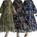 Muslim Women's Dress Casual Fashion Middle Eastern Chiffon Round Neck Tie-Dye with Belt Long Temperament Elegant Arab Dress