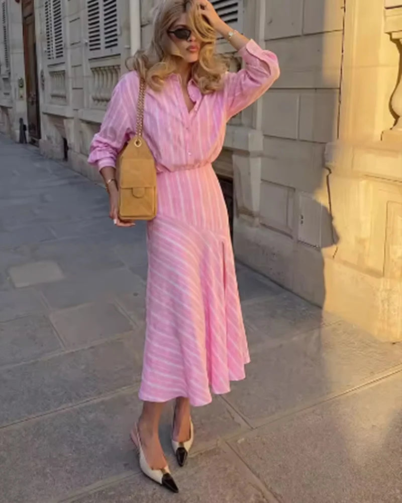 Women's Skirt 2026 New Spring Summer Pink Striped Linen Midi Skirt for Women Casual Chic Personality Female Skirt